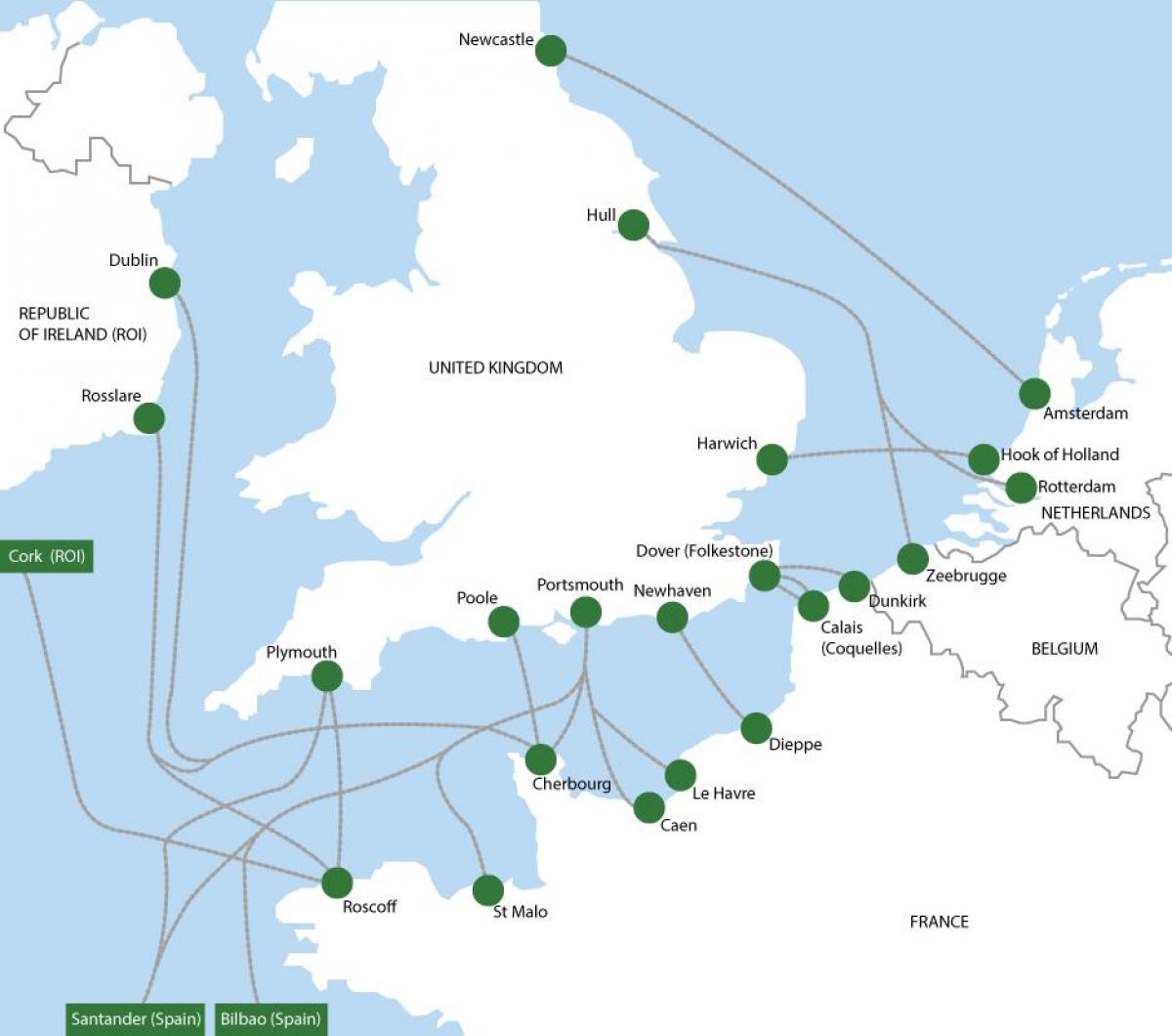 kaart van de veerbootroutes van Holland